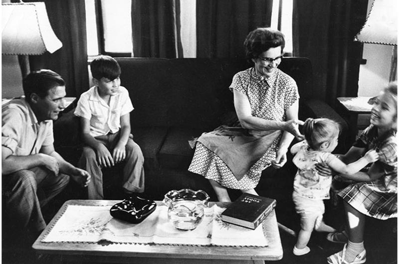 Sgt. Van Dyne,; Darrell, 10; wife Margaret; Joni, 1; Jackie, 8; Relax 'at home'; The family of Air Force SSgt. Arthur Van Dyne of the 6002nd Air Intelligence Sv. Gp. at Shiroi Air Base.