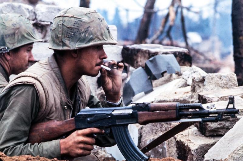 During the lengthy battle for control of the old Vietnamese national capital city of Hue, U.S. Marines are ready for the enemy's next move.