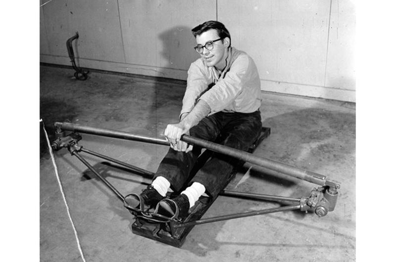 ROWING MACHINE is used by SP4 Robert Wilson, Eighth Army Comm. Center, in the physical therapy section of the hospital.