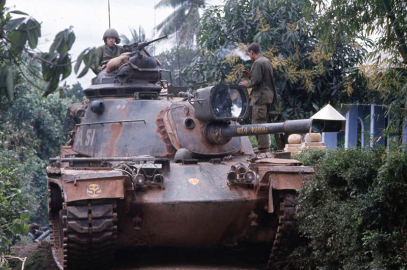 A Patton tank makes its way through the streets of Hue in 1968.