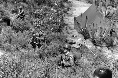 Bandsmen turn soldier and move cautiously forward into hillside positions on a field problem during which they learn their combat duties.