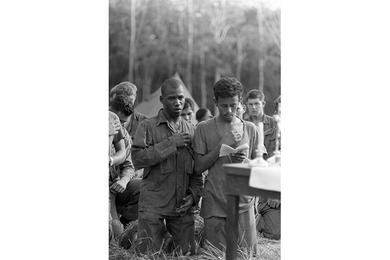Chapel services Sunday, 20 Nov. at 1/14 field camp near Plei Djereng, Chaplain is Major Michael S. Filip of the Archdiocese of Detroit, who has been senior brigade chaplain since it was organized in 1963.