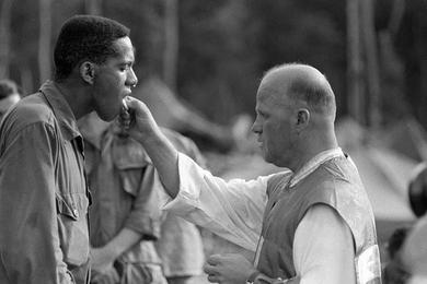Chapel services Sunday, 20 Nov. at 1/14 field camp near Plei Djereng, Chaplain is Major Michael S. Filip of the Archdiocese of Detroit, who has been senior brigade chaplain since it was organized in 1963