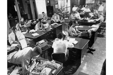 The editorial staff moved into the old Japanese Army barracks from their first home on the third floor of the Nippon Times on Nov. 29, 1953.