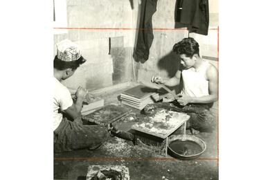 From the Stars and Stripes archives: sanding wood and applying a special plaster, these orphans are learning lacquerware manufacture, a centuries-old profession, in Seoul, South Korea, January 1959.