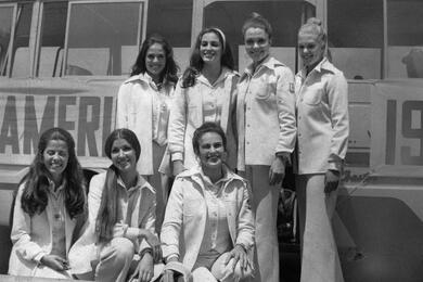Miss America troupe members pose for photos