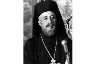 Archbishop Makarios, the president of Cyprus, talks to reporters in Tokyo in November, 1970.