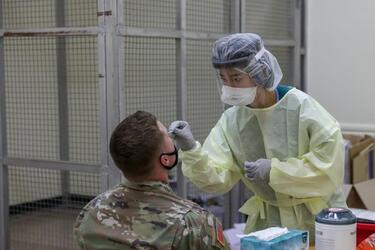A soldier is tested for COVID-19 at Camp Humphreys, South Korea, Jan. 22, 2021. 