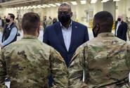 Defense Secretary Lloyd Austin speaks with service members at Osan Air Base, South Korea, Friday, March 19, 2021.
