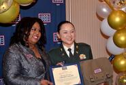USO Area director Natalie Rowland and Japan Ground Self-Defense Force Master Sgt. Takako Sasaki pose after USO Japan’s 2022 Salute to Service Awards at Yokosuka Naval Base, Japan, on Nov. 10, 2022. 